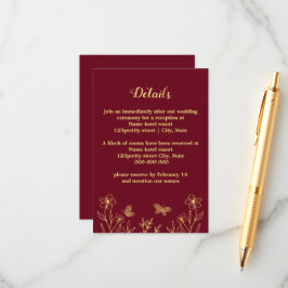 Romantisk elegant guld butterflies burgundy bröllo tilläggskort
