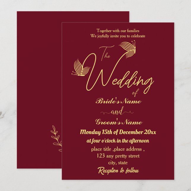 Romantisk elegant guld butterflies burgundy inbjudningar (Fram/baksida)