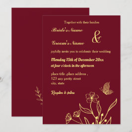 Romantisk elegant guld butterflies burgundy inbjudningar
