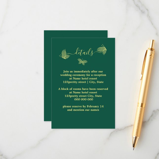 Romantisk elegant guld butterflies emerald bröllop tilläggskort (Fram/Back In Situ)