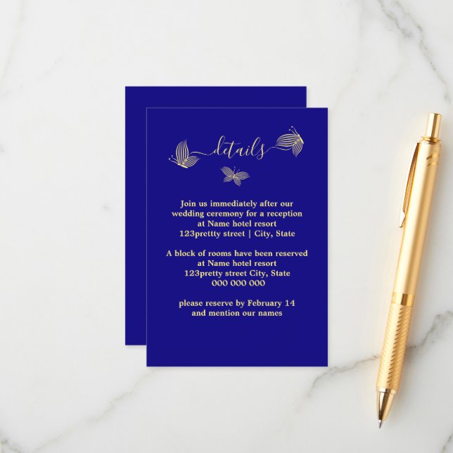 Romantisk elegant guld butterflies royal blue tilläggskort (Fram/Back In Situ)