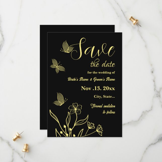 Romantisk elegant guld svart bröllop spara datumet (Fram/Back In Situ)