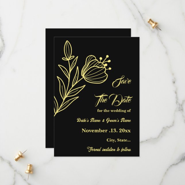 Romantisk elegant guld svart bröllop spara datumet (Fram/Back In Situ)