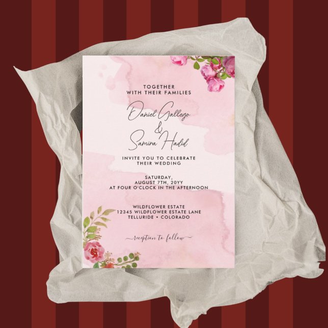 Romantisk Elegant Rosa Blommig Bröllop Inbjudningar (Skapare uppladdad)
