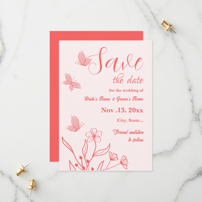 Romantisk elegant rosa blommigt bröllop spara datumet (Fram/Back In Situ)