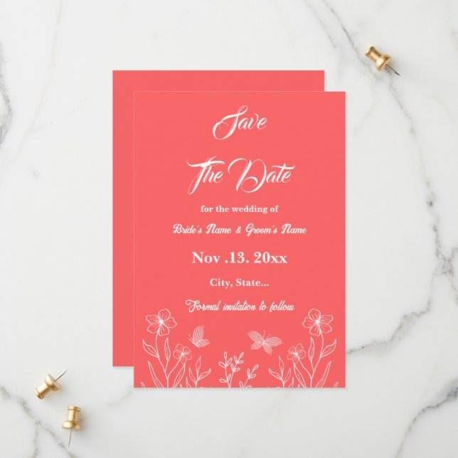 Romantisk elegant rosa blommigt bröllop spara datumet (Fram/Back In Situ)