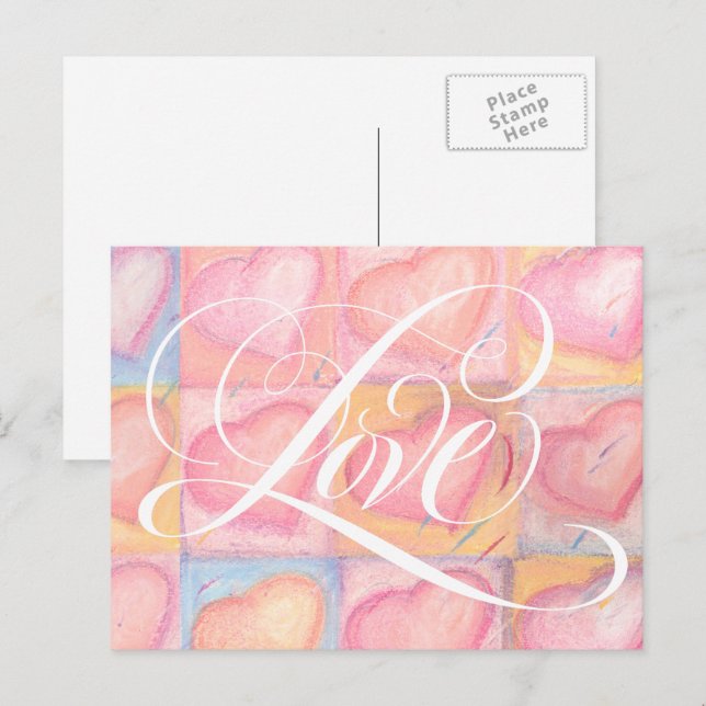 Romantisk Elegant Rosa Pastel Kärlek Heart Letteri Vykort (Fram/baksida)