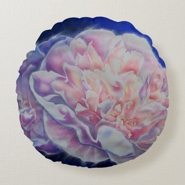 Romantisk elegant rosa vit, blå pastellvattenfärg rund kudde (Framsidan)