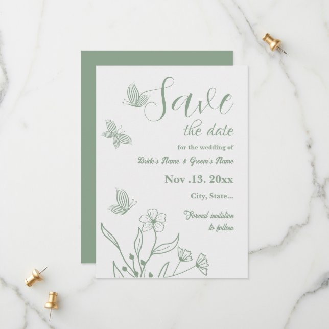 Romantisk elegant Sage grönt blommigt bröllop Spara Datumet (Fram/Back In Situ)