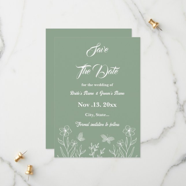 Romantisk elegant Sage grönt blommigt bröllop Spara Datumet (Fram/Back In Situ)