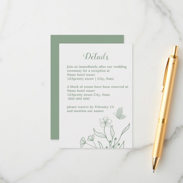 Romantisk elegant Sage grönt blommigt bröllop Tilläggskort (Fram/Back In Situ)