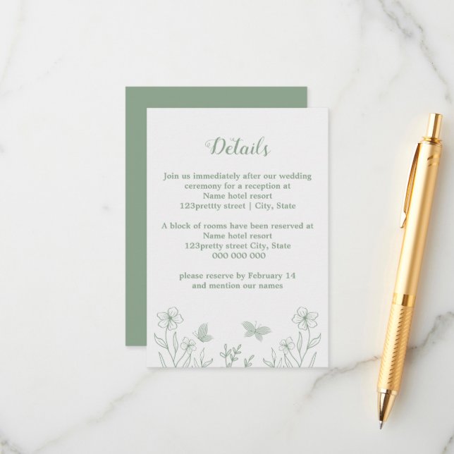 Romantisk elegant Sage grönt blommigt bröllop Tilläggskort (Fram/Back In Situ)