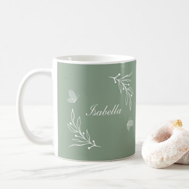 Romantisk elegant sagegrön blomster-  kaffemugg (Med munk)