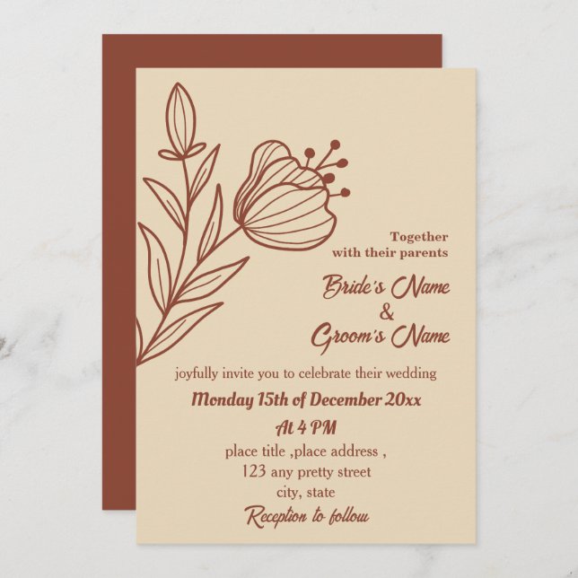 Romantisk elegant teracotta blommigt inbjudningar (Fram/baksida)