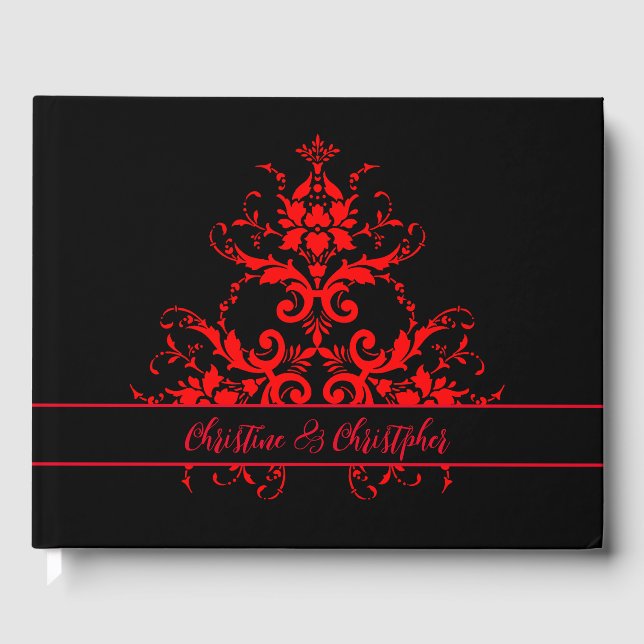 Romantisk, Elegant Vintage Red Damask Wedding Gästböcker (Framsida)