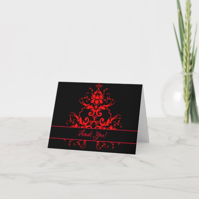 Romantisk, elegant vintage röd damask tack kort (Framsida)