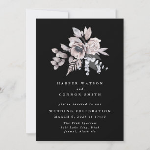 Romantisk Elegant Watercolor Black Blommigt Bröllo Inbjudningar