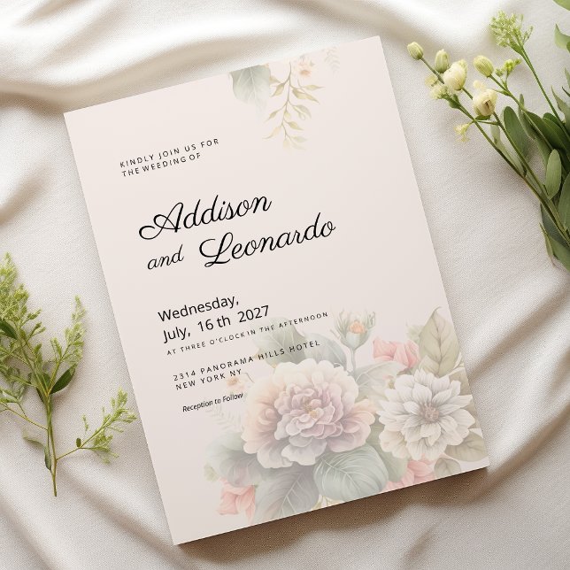 Romantisk elfenbensblått rosa sommaren blommigt br inbjudningar (Romantic ivory pink blue summer floral wedding)