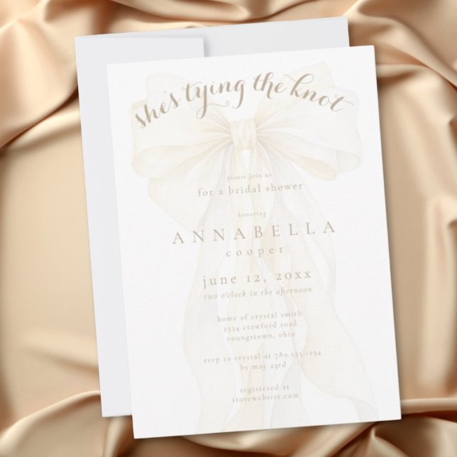 Romantisk Elfenbensfärgad Båge som Knutar Bröllops Inbjudningar (Romantic Ivory Bow Tying the Knot Bridal Shower Invitation)