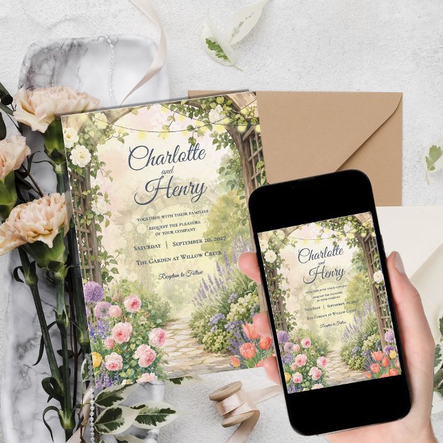 Romantisk engelsk trädgård altan sagoljus bröllop inbjudningar (Romantic English Garden Arbor Fairy Lights Wedding Invitation)