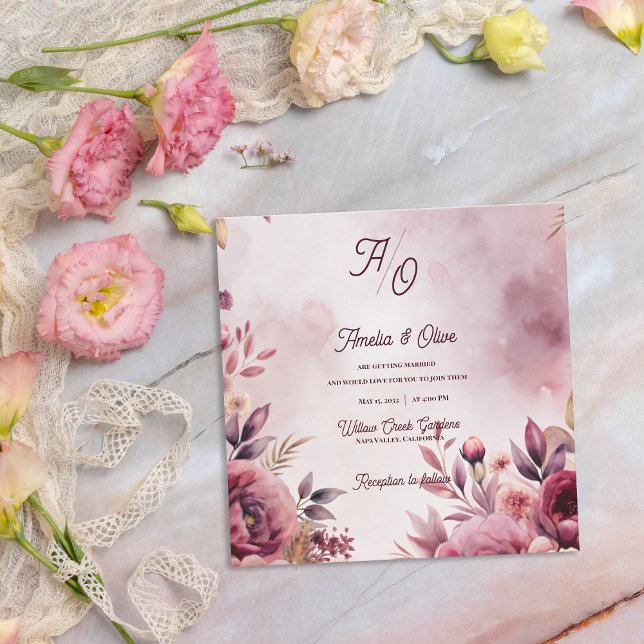 Romantisk Eterisk Mauve Blommig Bröllopsinbjudan  (Ethereal Mauve Fine Art Floral Wedding Invitation Flat Card)