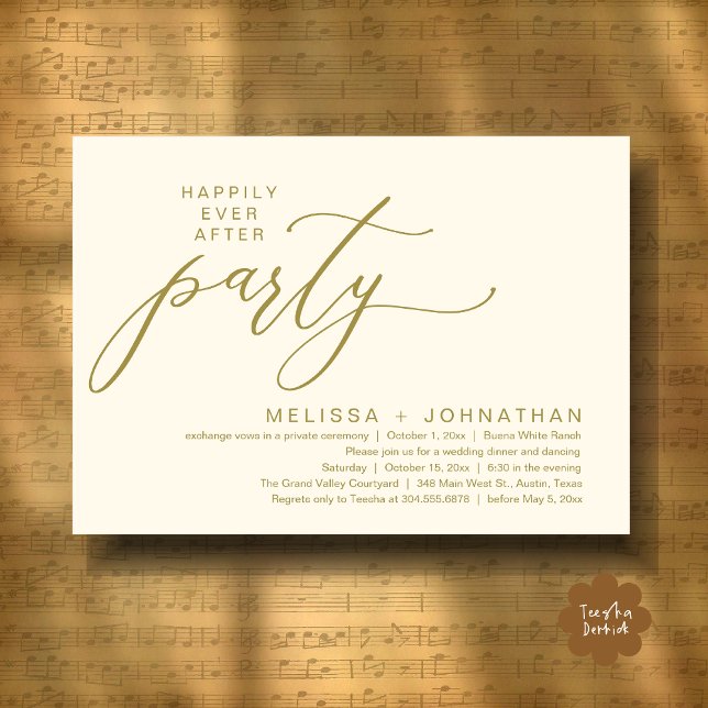 Romantisk Evigt Kärlek-fest Elopement Middag Inbjudningar (Romantic Modern Happily Ever After Party Elopement Dinner Invitation Card PDF in Classy Yellow Gold)
