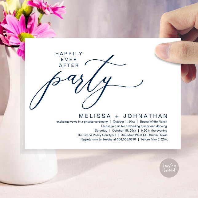 Romantisk Evigt Lyckligt Bröllopsfest Elopement Mi Inbjudningar (Romantic Modern Happily Ever After Party Elopement Dinner Invitation Card PDF in Classy Navy Blue)