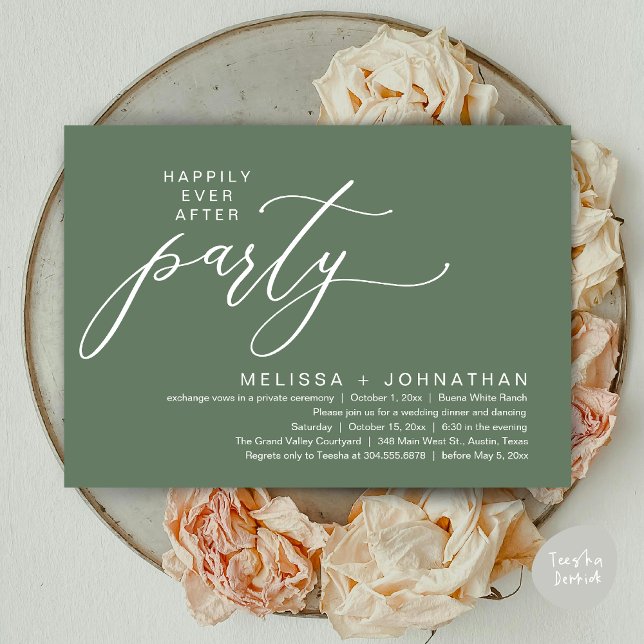 Romantisk Evigt Lyckligt Bröllopsfest Elopement Mi Inbjudningar (Romantic Modern Happily Ever After Party Elopement Dinner Invitation Card PDF in Rustic Sage Green)