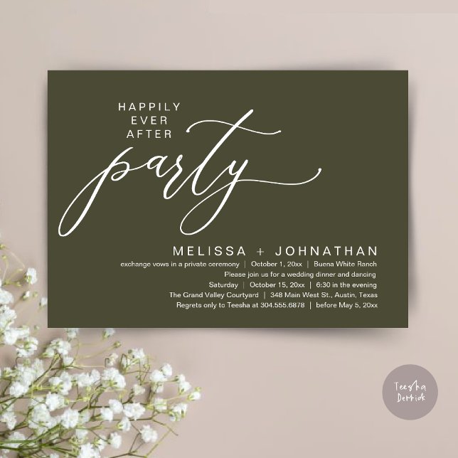 Romantisk Evigt Lyckligt Bröllopsfest Middag Inbjudningar (Romantic Modern Happily Ever After Party Elopement Dinner Invitation Card PDF in Rustic Olive Green)