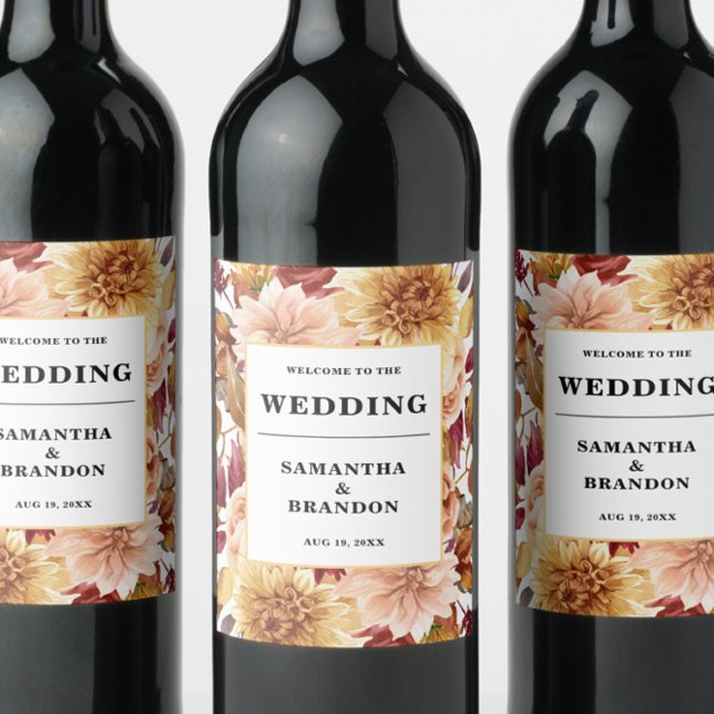 Romantisk Fall Blommigt Bröllop Vin-etikett Vinflaska Etikett (Skapare uppladdad)