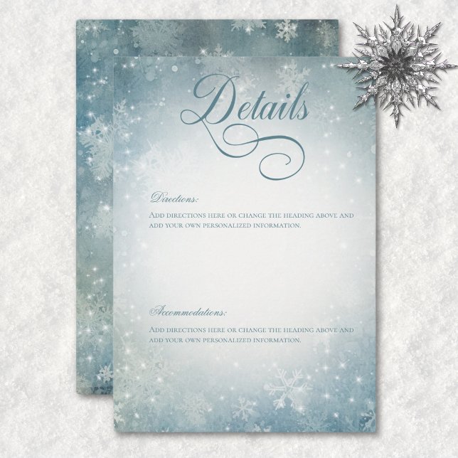 Romantisk fallande snö blå och vit glans detaljer tilläggskort (Romantic Falling Snow Blue & White Sparkle Details Enclosure Card)