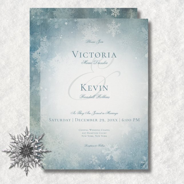 Romantisk fallande Snö Blue & White Bröllop Inbjudningar (Romantic Falling Snow Blue & White Wedding Invitation)