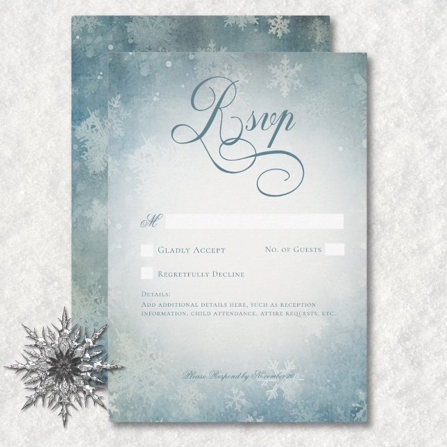 Romantisk fallande Snö Blue White Bröllop, ingen m OSA Kort (Romantic Falling Snow Blue White Wedding No Dinner RSVP Card)