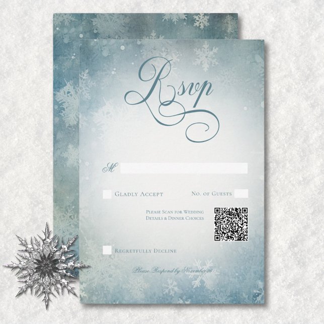 Romantisk fallande Snö Blue & White Bröllop QR-kod OSA Kort (Romantic Falling Snow Blue White Wedding No Dinner RSVP Card)
