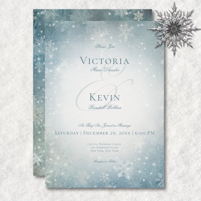 Romantisk fallande Snö Blue & White-Gnistra Inbjudningar (Romantic Falling Snow Blue & White Sparkle Invitation)