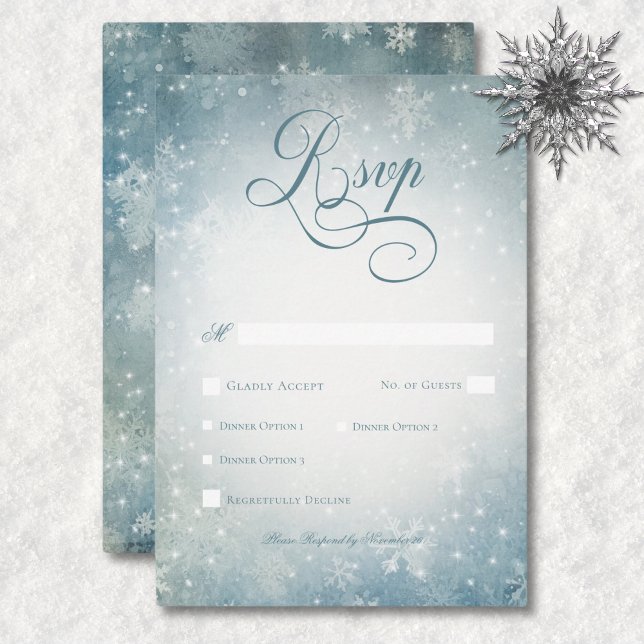 Romantisk fallande Snö Blue & White Gnistra Middag OSA Kort (Romantic Falling Snow Blue & White Sparkle Dinner RSVP Card)
