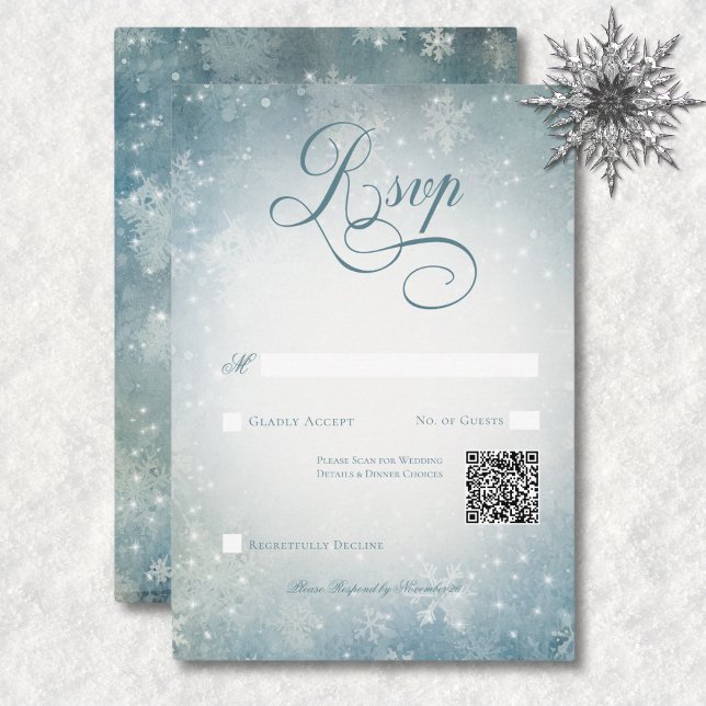 Romantisk fallande Snö Blue & White Gnistra QR-kod OSA Kort (Romantic Falling Snow Blue & White Sparkle QR Code RSVP Card)