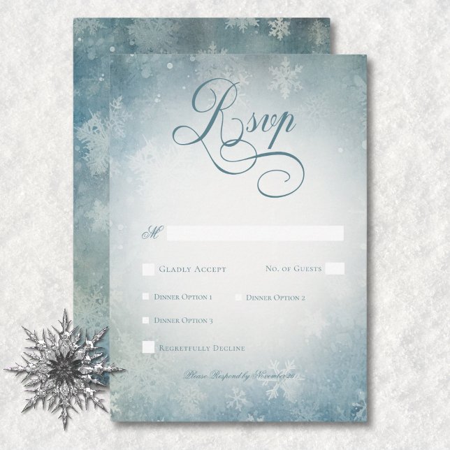 Romantisk Falling Snö Blue & White Bröllop Middag OSA Kort (Romantic Falling Snow Blue & White Wedding Dinner RSVP Card)