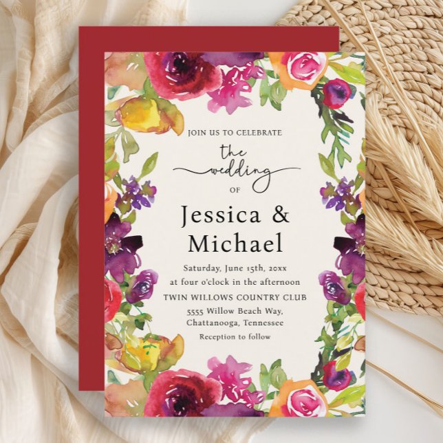 Romantisk färgfull Boho Watercolor Blommigt Bröllo Inbjudningar (Colorful floral wedding invitation)