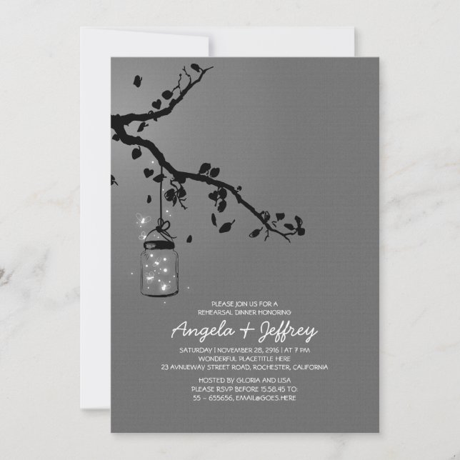 Romantisk fireflies mason burk rehearsal middag inbjudningar (Framsida)