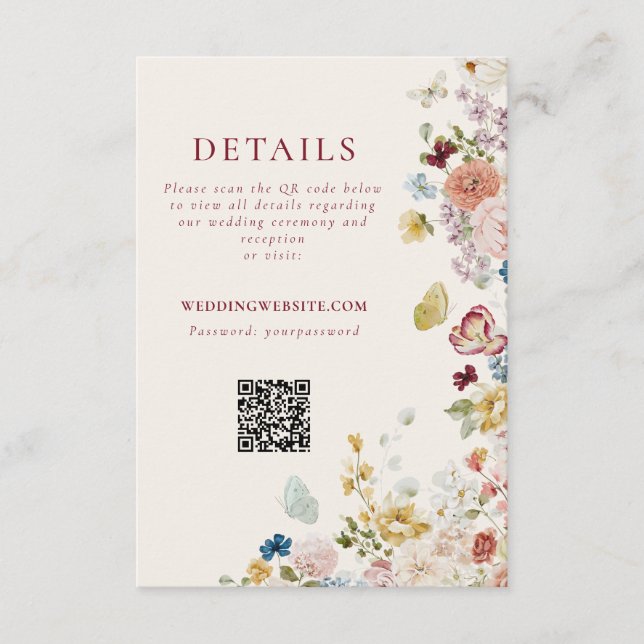 Romantisk fjäril Blommig kant Bröllops QR-kod Tilläggskort (Framsida)