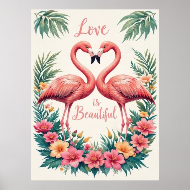 Romantisk Flamingo Kärlek Heart Illustration Poster (Framsidan)