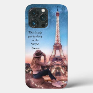 Romantisk flicka tittar på Eiffel Torn