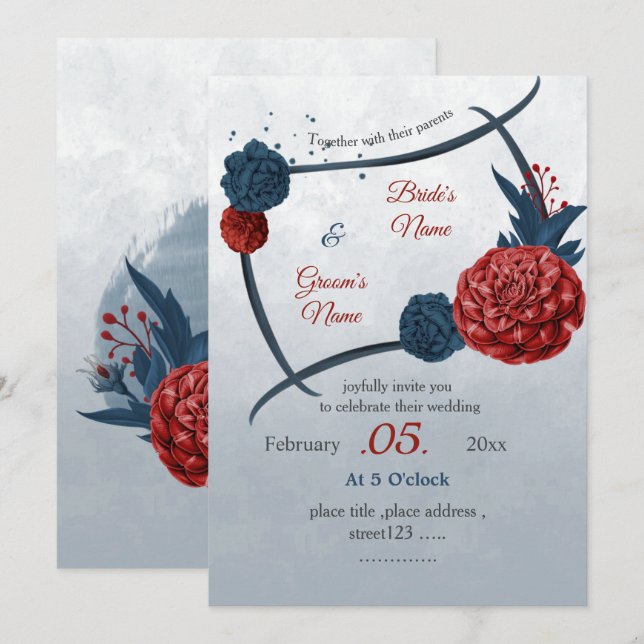 romantisk flotta och burgundblommor bröllop inbjudningar (Fram/baksida)