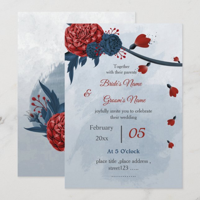 romantisk flotta och burgundblommor bröllop inbjudningar (Fram/baksida)