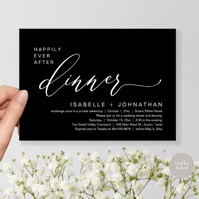 Romantisk För evigt efter middag Bröllopsflykt Fes Inbjudningar (Romantic Modern Happily Ever After Party Elopement Dinner Invitation Card PDF in Classy Black White)