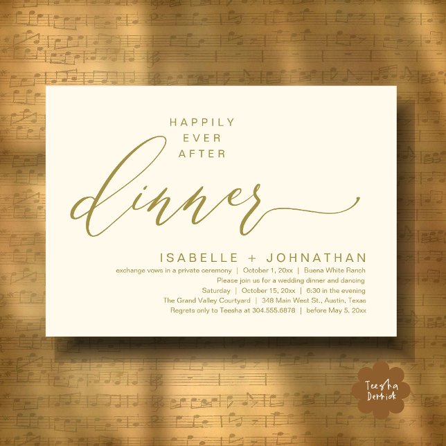 Romantisk För evigt efter middag Bröllopsflykt Fes Inbjudningar (Romantic Modern Happily Ever After Party Elopement Dinner Invitation Card PDF in Classy Yellow Gold)