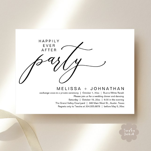 Romantisk För evigt-fest Elopement Middag Inbjudningar (Romantic Modern Happily Ever After Party Elopement Dinner Invitation Card PDF in Classy Black White)
