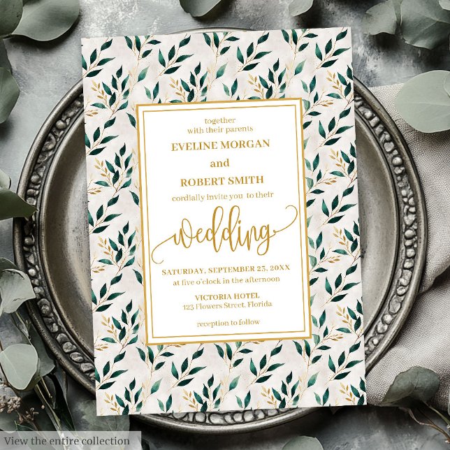 Romantisk Forest Grönt Guld Eucalyptus Bröllop Inbjudningar (Romantic Forest Green Gold Eucalyptus Wedding Invitation)