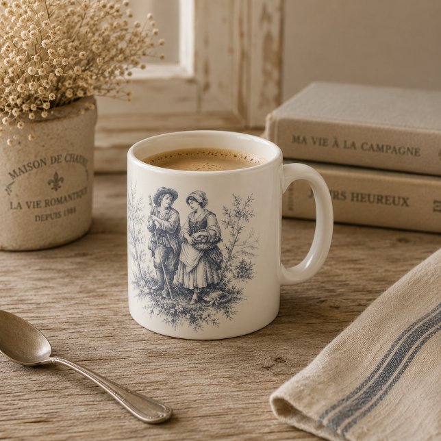 Romantisk fransk landsbygd Toile i dammig blå Kaffemugg (Skapare uppladdad)